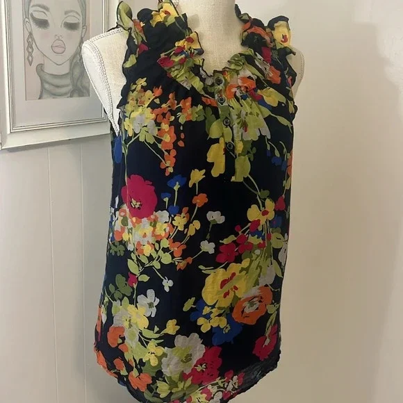 Loft Black Floral Tank Blouse Size Small - Picture 4 of 10
